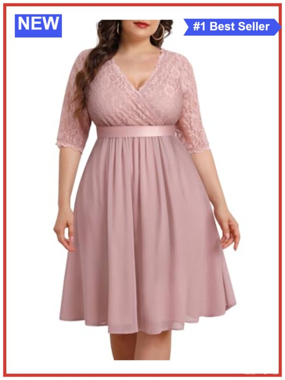 Plus Size Lace Chiffon Midi Dress V Neck Wrap Wedding Guest Cocktail